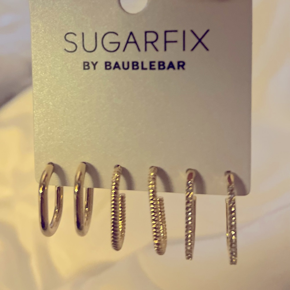 SUGARFIX by BaubleBar Gold, Twist, Crystal Huggie Hoop Earrings - 3 Pair Set NWT